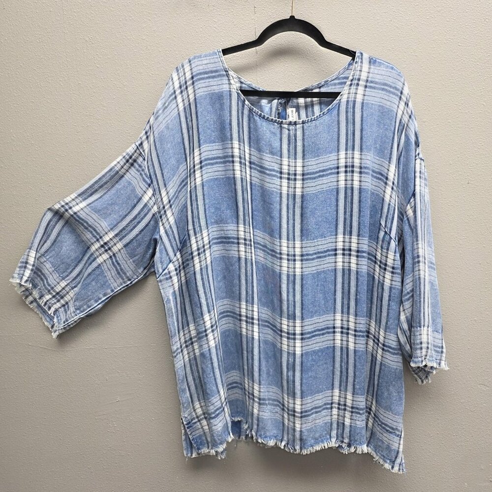 Tribal Jeans Shirt Womens 3X Blue Plaid Frayed Hem 3/4 Sleeve Tunic Boho Top